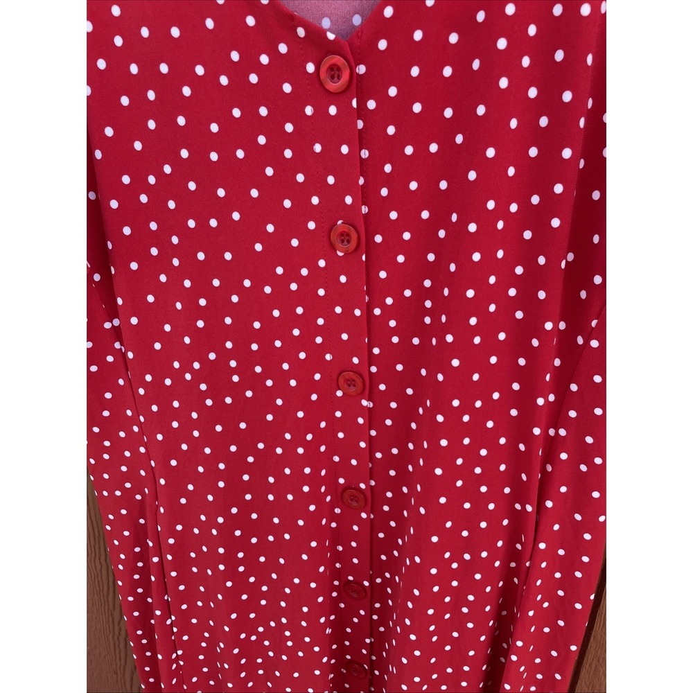 Susan Graver Red Polka Dot Liquid Knit Button Front Midi Dress Flutter Sleeve M - Picture 3 of 7